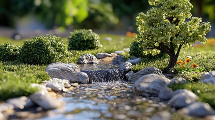 Detailed Miniature Landscape with Flowing Stream Greenery and Rock Formations in Natural Light
