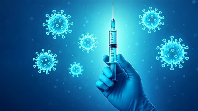 Gloved hand holds a syringe upright with glowing virus icons in cool blue tech scene, Vaccination, covid vaccine, flu shot theme