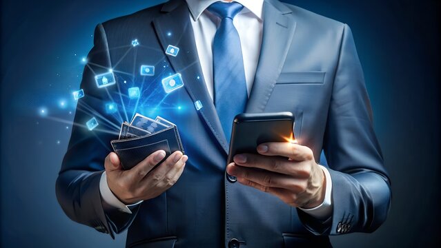 Photo of a businessman in a suit holds a smartphone and a wallet, with glowing digital icons and network connections emanating from the wallet