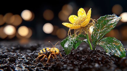 Detailed Yellow Flower and Spotted Beetle in Dark Soil with Bokeh Lights