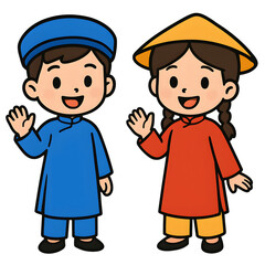 Cute Kids Clipart in Costume Themes
, Two cheerful children in traditional Asian outfits, one in a blue robe and the other in a red robe with a yellow hat, waving joyfully in a friendly manner