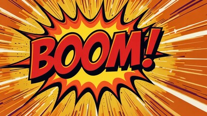 Bright comic style explosion with boom text on vibrant yellow and red radial burst background. Pop art and retro comic concept - Powered by Adobe