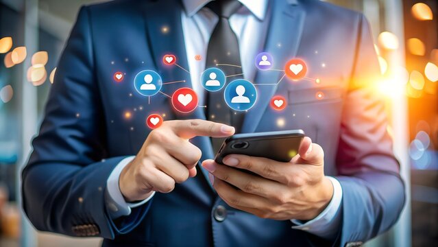 Photo of a businessman in a suit uses his smartphone, interacting with a glowing social media network of user icons and likes