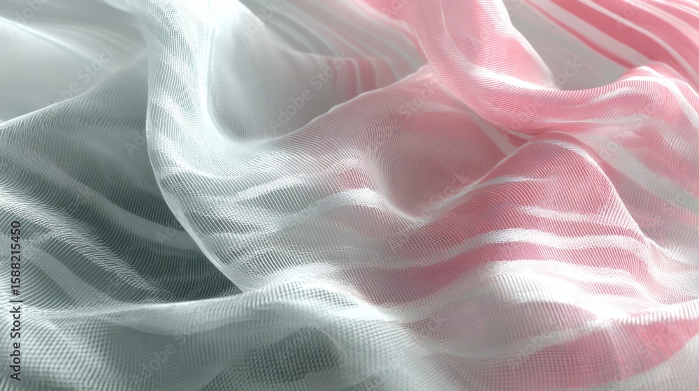 Poster flowing, translucent fabric with fine mesh texture in soft grey and pink hues, creating an abstract,
