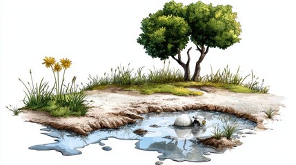 Digital Painting of a Tranquil Landscape with Puddle and Trees