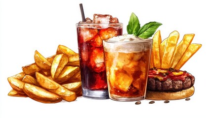 Digital Watercolor of Hamburger, Fries, and Drinks