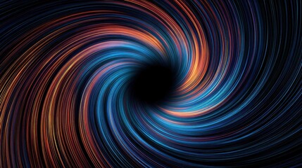 Obraz premium A vibrant, swirling vortex of multicolored light streaks converges into a dark center, creating a dynamic spiral effect on a black background.