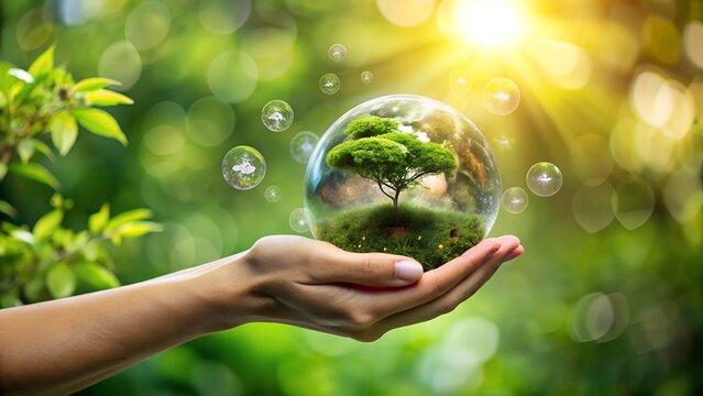 Photo of a persons hand cradles a glass sphere containing a vibrant tree and lush greenery, representing environmental protection