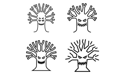Creepy and scary tree face icons in black and white outline for halloween and horror design
