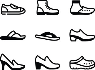 Collection of nine black and white icons representing different types of footwear