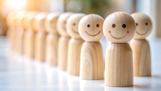 Photo of a line of smiling wooden figures stand together, representing happiness and unity