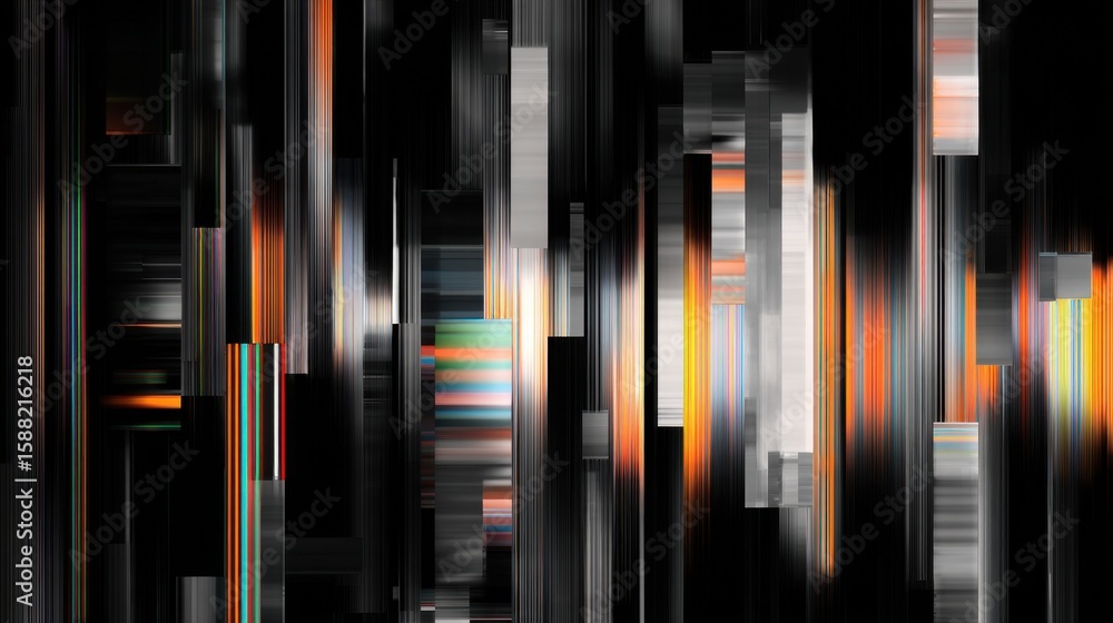 Poster abstract digital artwork featuring vertical lines and bars in varying colors and brightness against 