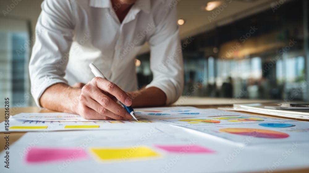 Poster a person in a white shirt is working on colorful charts and graphs, analyzing data for a business or