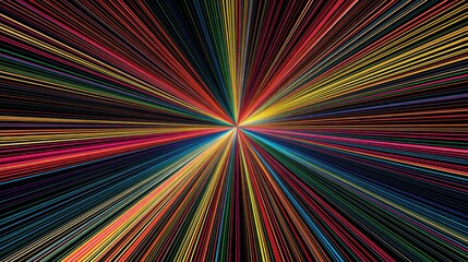 Radiating multicolored lines converge at the center, creating a vibrant, dynamic starburst effect on a black background.