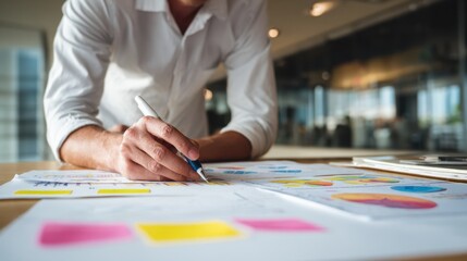 A person in a white shirt is working on colorful charts and graphs, analyzing data for a business or project in a modern office environment.