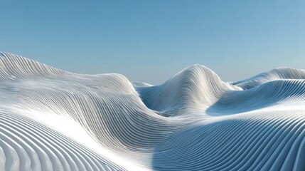 White sculptural landscape with smooth, flowing, layered ridges under a clear blue sky.