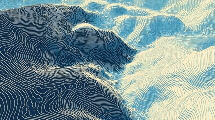 Abstract topographic map design with flowing blue and black lines representing elevation and terrain in a stylized, artistic manner.
