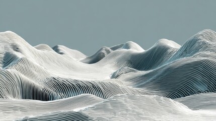 Abstract digital landscape with wavy, layered white lines forming mountain-like shapes against a muted blue-gray background.