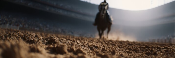 Blurred silhouette of rider on galloping horse, dusty arena whispers rodeo tales, equestrian celebration, and cowboy folklore