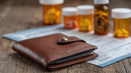A brown leather wallet rests on a wooden table with prescription pill bottles and a medical form blurred in the background.