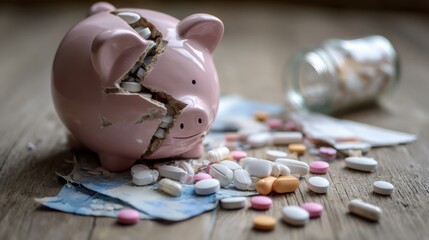 A broken piggy bank surrounded by scattered pills and a tipped-over bottle, symbolizing financial strain due to medical expenses.