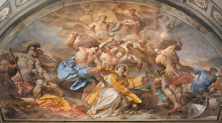 FLORENCE, ITALY - MARCH 17, 2025: The baroque fresco of Stoning of St. Stephen in the church Badia...