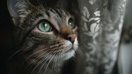 Close-up of a tabby cat with green eyes gazing intently beside a patterned curtain in soft lighting.