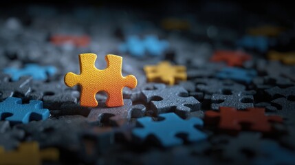 A close-up of a single orange puzzle piece standing out among scattered blue, red, yellow, and black pieces on a dark surface.