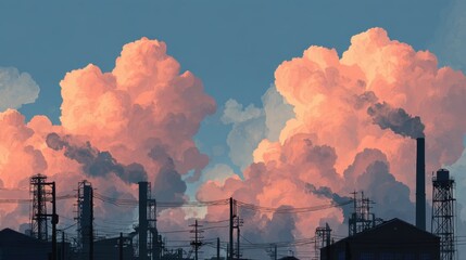 Industrial factory silhouettes contrast against large, vibrant orange clouds during sunset, creating a dramatic and atmospheric scene.