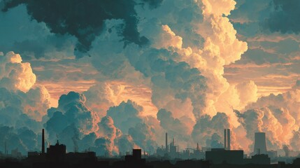 A dramatic industrial cityscape under a sky filled with towering, illuminated clouds during sunset or sunrise.