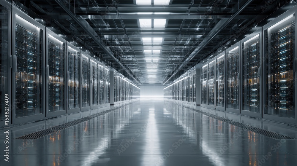 Aufkleber modern data center server room with rows of racks, illuminated with bright overhead lights and refle