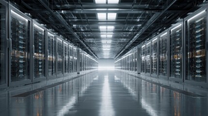 Modern data center server room with rows of racks, illuminated with bright overhead lights and reflective polished floors.