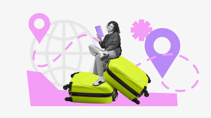 Digital pop-art collage of curly girl using tablet while sitting on bright suitcases. Concept of creative travel content for blogs, ads, digital flight search and booking platforms