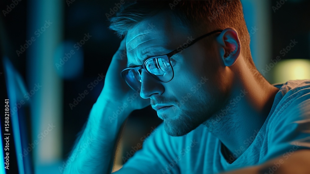 Poster under the blue hue of midnight, a contemplative caucasian man in glasses delves into coding mysterie