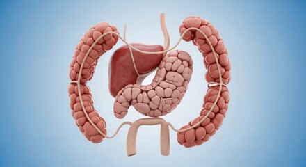 Anatomical Illustration of Human Digestive System Featuring Large and Small Intestines with Liver and Stomach