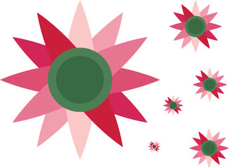 A repeating pattern of colorful, stylized star or flower shapes on a white background.