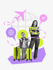 Pop art composition of smiling woman and little boy with suitcases on purple geometric background. Concept of planning platforms, city guide ads, travel startups and mobile booking apps.