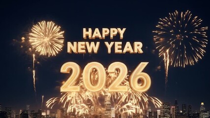 Happy new year 2026 fireworks city skyline