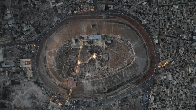 Aerial shot of the historic Citadel of Aleppo, drone footage from Syria.