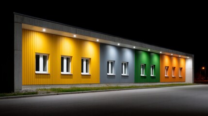 Modern building exterior at night with colorful facade sections and illuminated windows