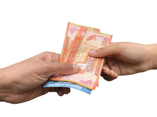 Money. Cash. Notes, Currency being given and received. Isolated on white Back ground.