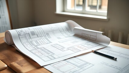 Architectural blueprint on drafting table with tools, morning light in studio.