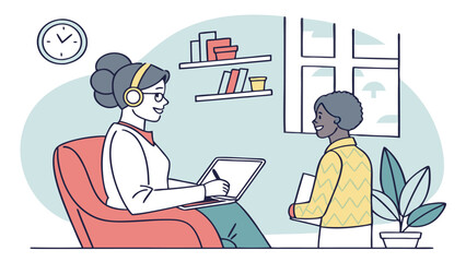 Woman with headphones taking notes on laptop while talking to a patient in a therapy session setting indoors