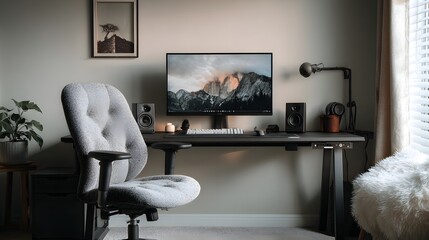Modern Minimalist Home Office Setup with Ergonomic Chair and Mountain Landscape Desktop Background