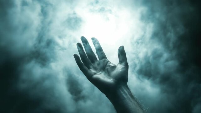 Hand reaching for light amidst a stormy sky filled with dark clouds.
