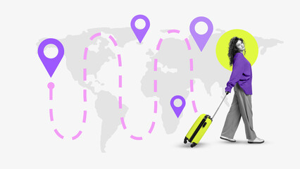 Pop-art style collage showing woman walking with suitcase across world map. Concept of creative...