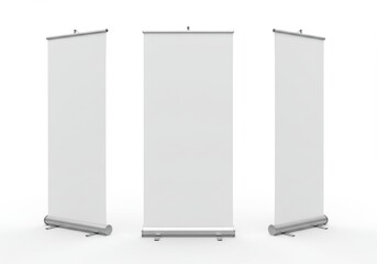 Three blank white roll up banner stands displayed on a white background