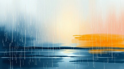 Abstract Rain over Calm Water: An artistic and evocative depiction of a rainy scene over water, with a gentle blend of colors representing the sky, water, and rain.