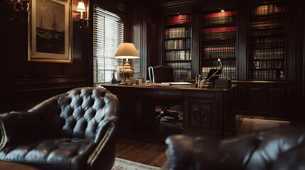 Luxurious Dark Wood Study with Leather Chairs and Extensive Book Collection