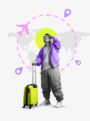 Pop art digital collage with happy tourist posing against circular route map. Concept of digital...